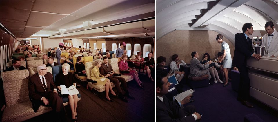 A Boeing 747 cabin mock-up at the 28th Paris Air Show in Le Bourget, 1969.