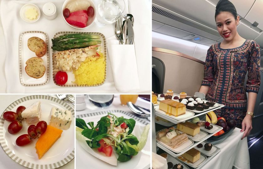 Lobster thermidor, clockwise from top left, the dessert trolley, crab salad and cheese platter.