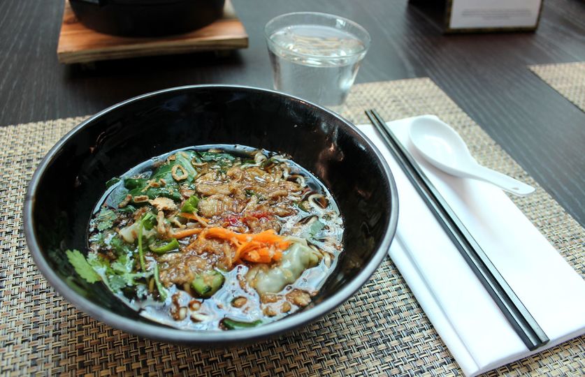 The vegetarian wonton noodle soup, as served at the Melbourne lounge Spice Bar