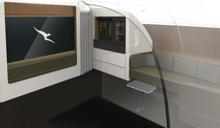 This second social space replaces a tiny crew 'office' with seating for three passengers plus a self-serve snack bar