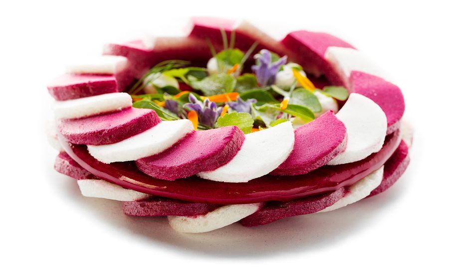 The Robuchon cake is a crunchy meringue with beetroot and yuzu.