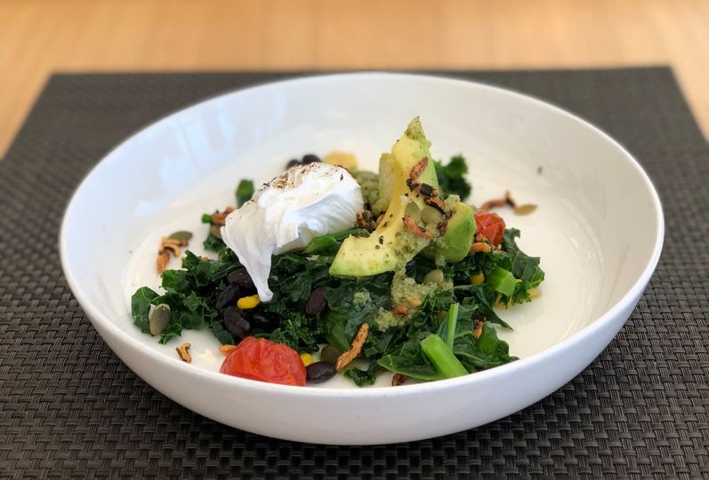 Turtle bean salad with avocado, corn, blanched kale, puffed wild rice and a Tuscan-based 'dragoncello' dressing.