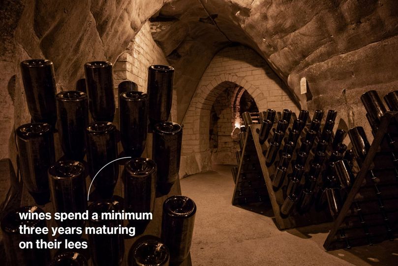 All of its wines spend a minimum three years maturing on their lees, and on average five years across all its cuvees, compared with the minimum legal requirement in the region of 18 months. Bottles are hand-turned in a process known as riddling to ensure deposits settle in the neck of the bottle and can be extracted.