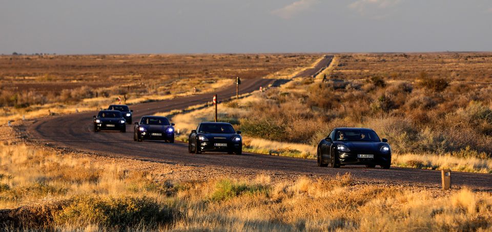 Testing time: a fistful of Taycans takes to the hot rough country