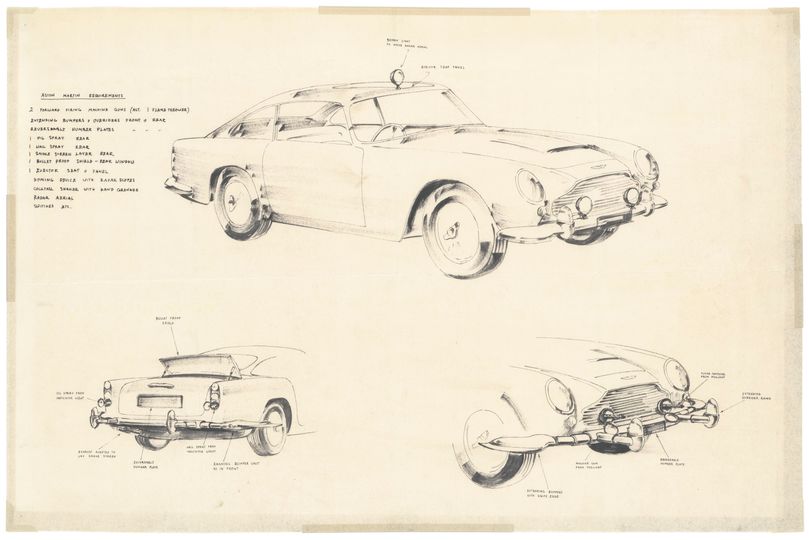 An original production sketch for 007's gadget-packed Aston Martin