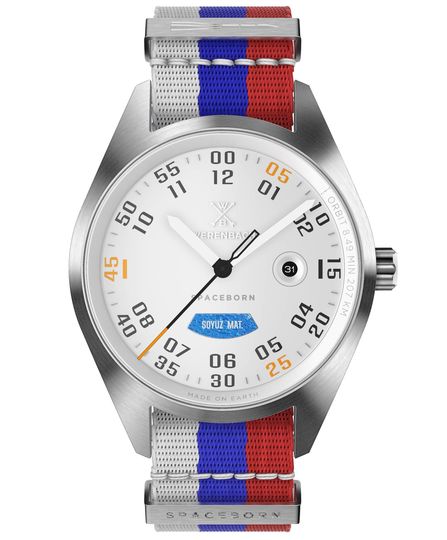 Werenbach's entry level Mach 33 collection have Miyota quartz movements. The dial plate of the RTS RUS1 pictured is made from the Russian flag on the side of a rocket booster.