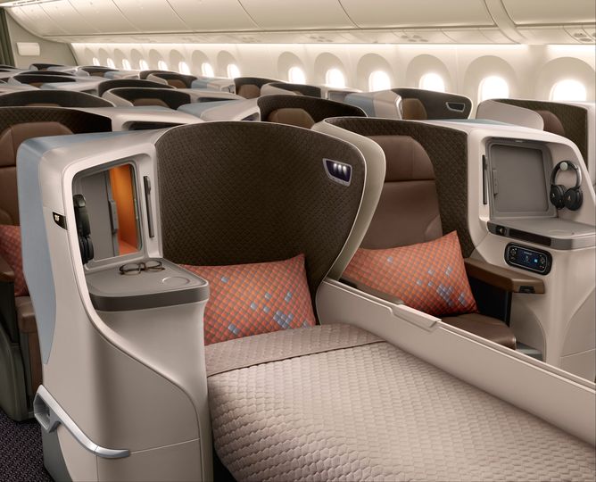 Each of the Boeing 787-10 business class seats converts to a fully-flat bed.