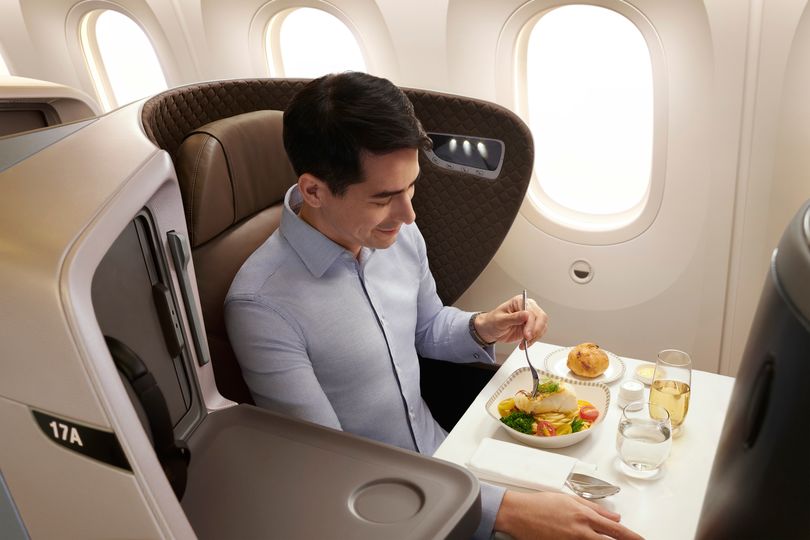 Singapore Airlines' well-appointed Boeing 787-10 business class seat.