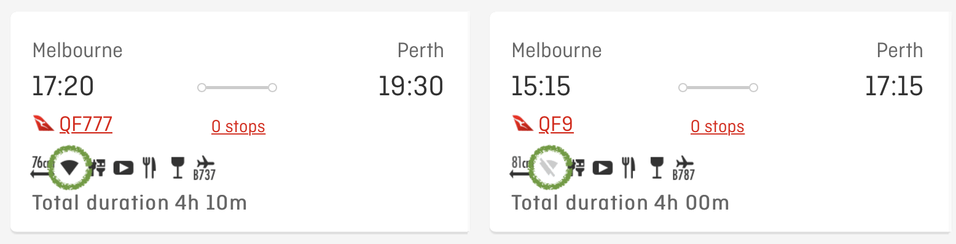 When searching for flights on the Qantas website, these icons indicate if the flight is likely to have Qantas WiFi.