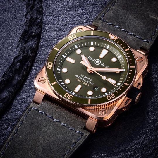 Bell & Ross' Green Bronze is true to its name with a striking camouflage green dial combo offset by a square bronze case.