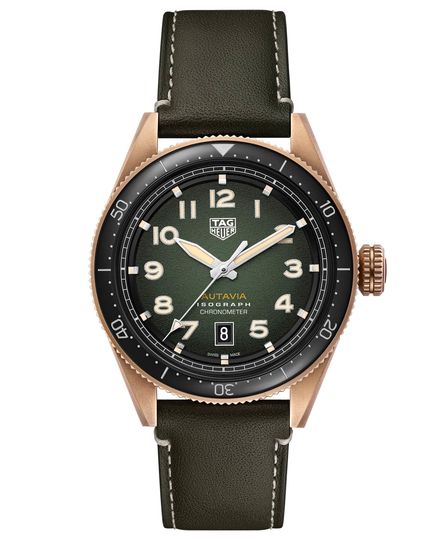 TAG Heuer's retro-esque Autavia Isograph Chronometer also goes for the green-bronze look.