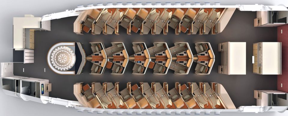 The Galaxy business class has a modular design with two different types of seating.