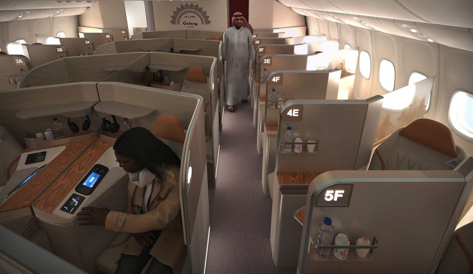 A privacy divider lets Galaxy's middle seatmates be social or keep to themselves.