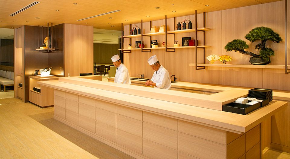 Freshly-made sushi and sashimi are star attractions at JAL's Tokyo/Narita first class lounge.