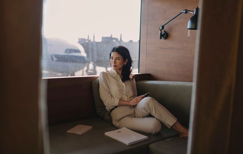 Relaxing in one of the The Pier First Class Lounge's 'day suites'.