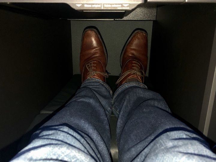 The spacious foot cubby in row 1 of Turkish Airlines' Boeing 787 business class.