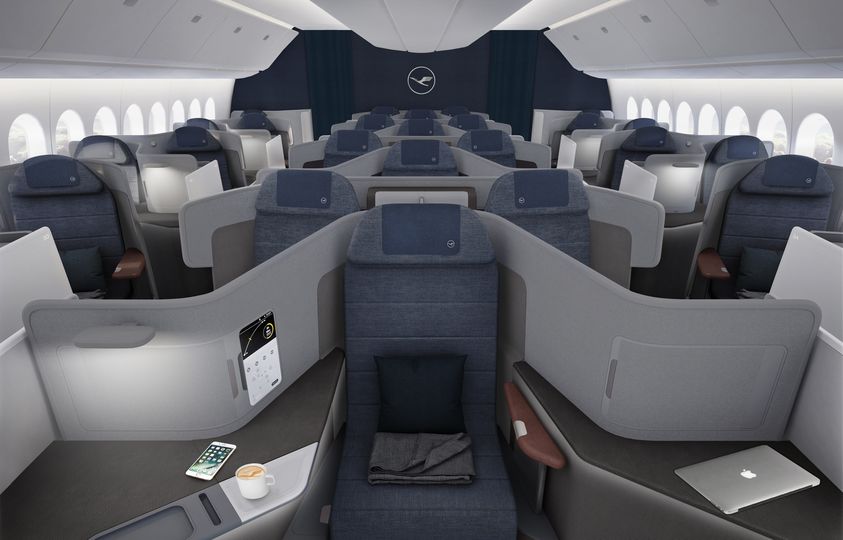 The spacious and private middle seats in Lufthansa's Boeing 777-9 business class will sell at a premium.