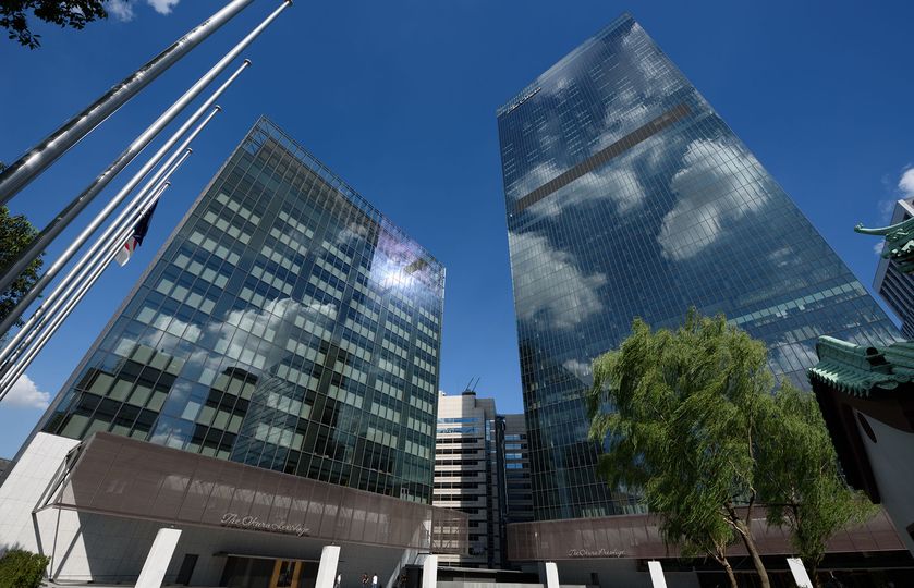 The Okura Tokyo Hotel Prestige Tower, right, and Heritage Wing.