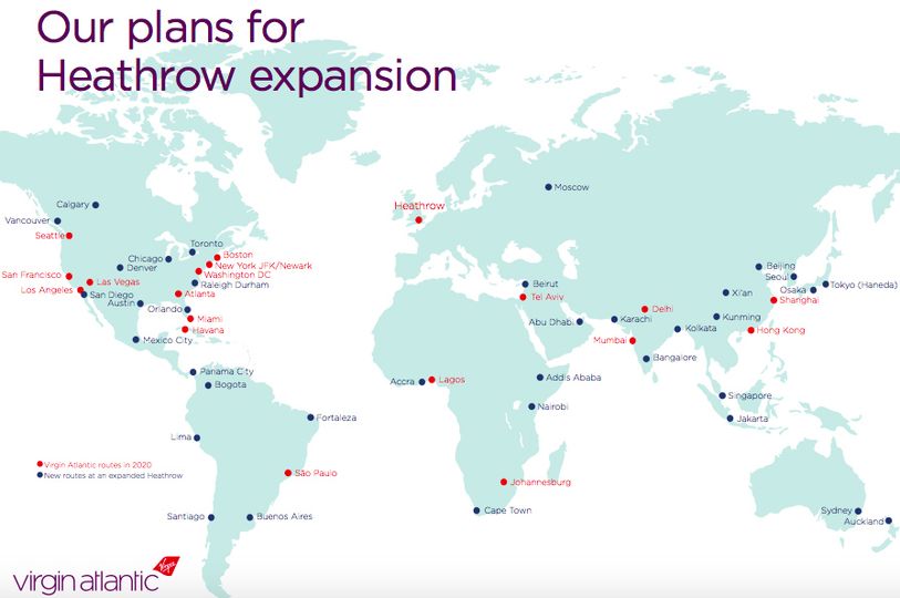 Red dots indicate Virgin's current destinations – all the rest are on its wishlist...