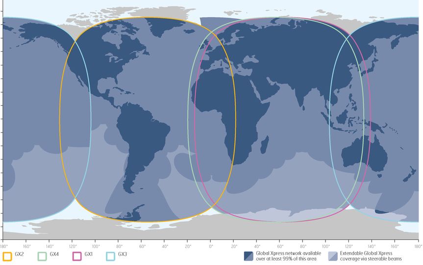 A representation of Inmarsat's Ka-band coverage across the four existing satellites.