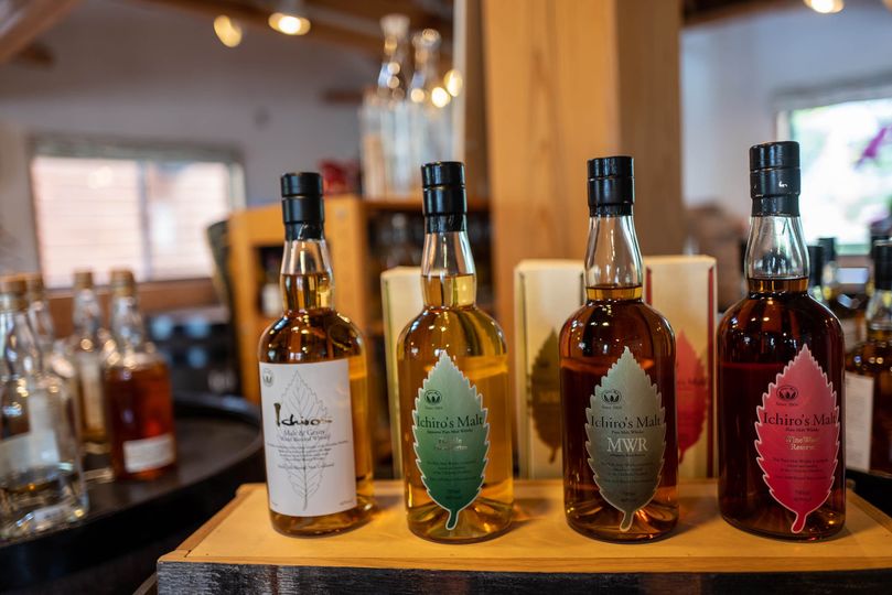 Ichiro’s Malt and Grain World Blended Whisky (left) and three bottlings of malt whisky fully distilled and aged at Chichibu in Japan.