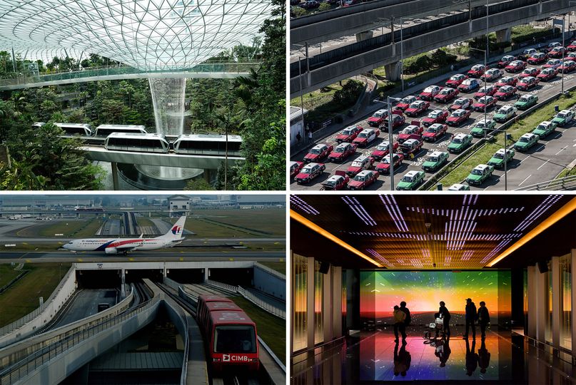 The new airport should make China more competitive with transit hubs such as Singapore, Hong Kong, Incheon, and Kuala Lumpur, pictured above from top left clockwise.