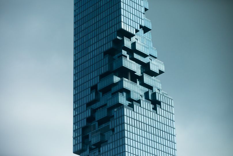 The unique Lego-like facade of Bangkok's Power Mahanakhon skyscraper.