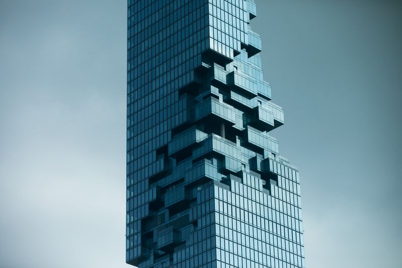 The unique Lego-like facade of Bangkok's Power Mahanakhon skyscraper.