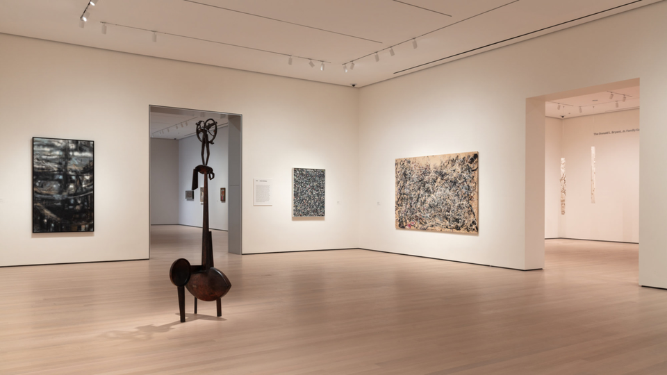 A fourth-floor gallery in the new MoMA, with David Smith’s History of LeRoy Borton, from 1956, in the foreground. Jackson Pollock’s Number 1A, 1948 is on the left, next to a work by Lee Krasner from 1949.