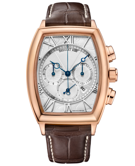 Breguet's men’s Heritage chronograph features an 18K rose gold case and intricate curved silvered gold dial.
