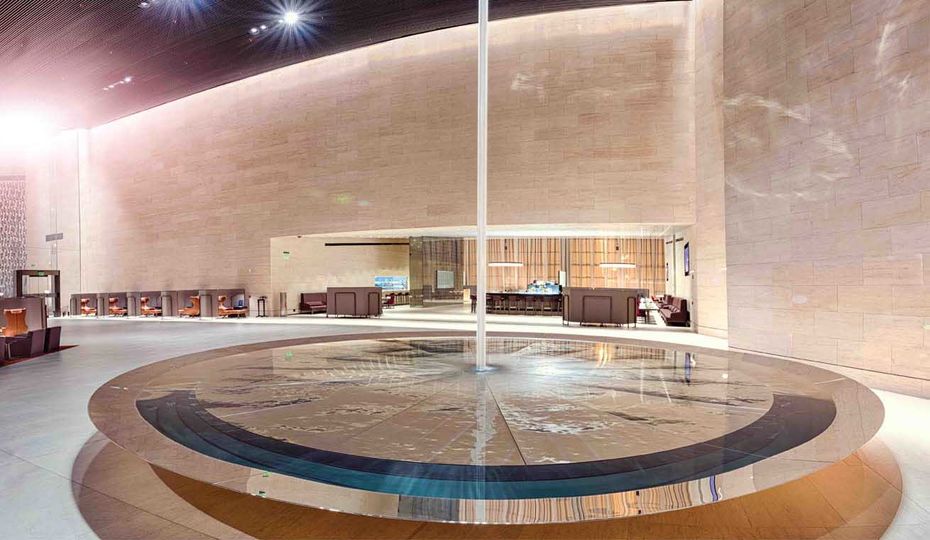 This eye-catching waterfall is a centrepiece of Qatar Airways' Al Safwa first class lounge.