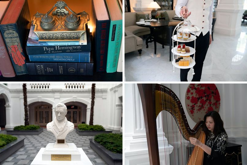 Clockwise from top right: A waiter presents delicacies offered at the Grand Lobby’s high tea. A harp player entertains visitors in the lobby. A bust of Sir Stamford Raffles, the British founder of modern Singapore. Tuck into a book along with your cocktail at the Writers Bar.