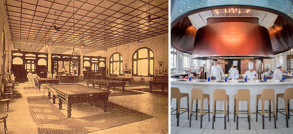 The Bar & Billiard Room (left) is now home to the BBR Alain Ducasse restaurant (right).