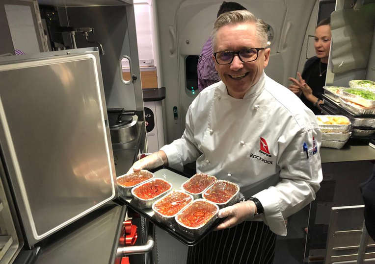 A Qantas chef prepares the passengers’ meals.