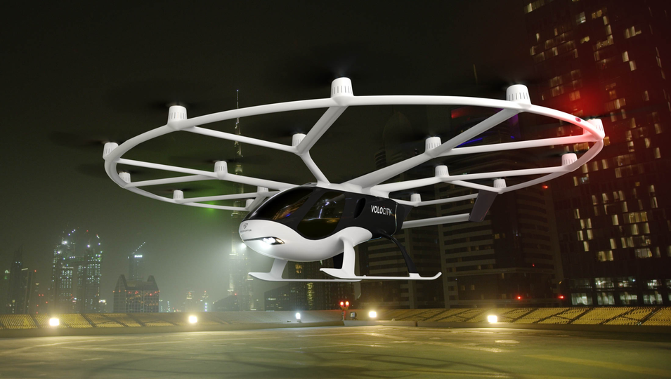 A Velocopter lands during the Intelligent Transport Systems World Congress in Singapore.