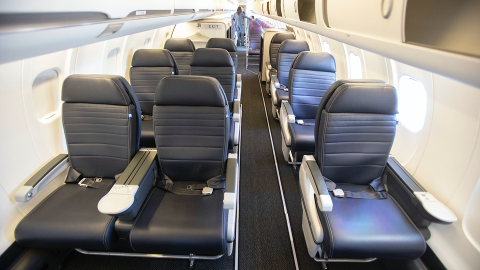 The first class cabin of the new United CRJ-550 regional jet.