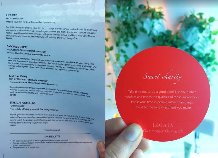 L: LaGaia Qantas First spa menu | R: LaGaia staff encourage positivity and mindfulness with a selection of inspirational messages.