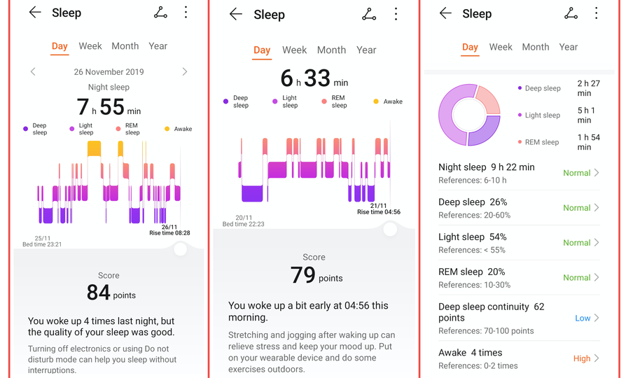 The first two images show very different sleep patterns; the TruSleep app also summarises your sleep habits.