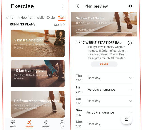 Setting up a customised training schedule via the HUAWEI Health app.