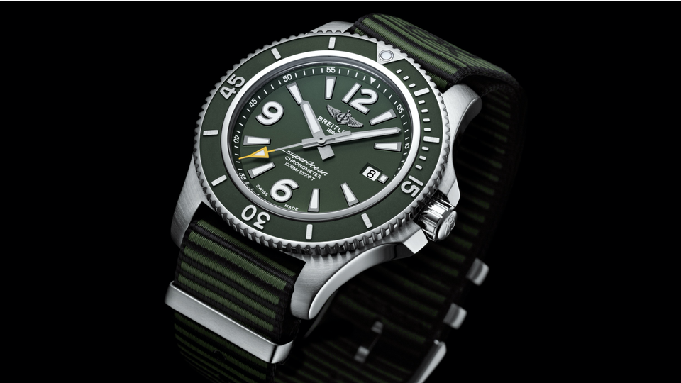 The Breitling Superocean Outerknown's NATO-style strap is woven from repurposed waste reclaimed from the oceans.