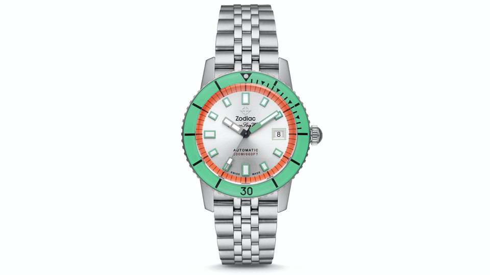 There's something utterly charming about a watch named the 'Sea Wolf' popping a soft green bezel and light pink chapter ring.