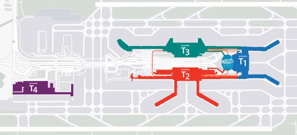 Singapore's Terminal 4 is quite a distance away from the older T1/2/3 complex.