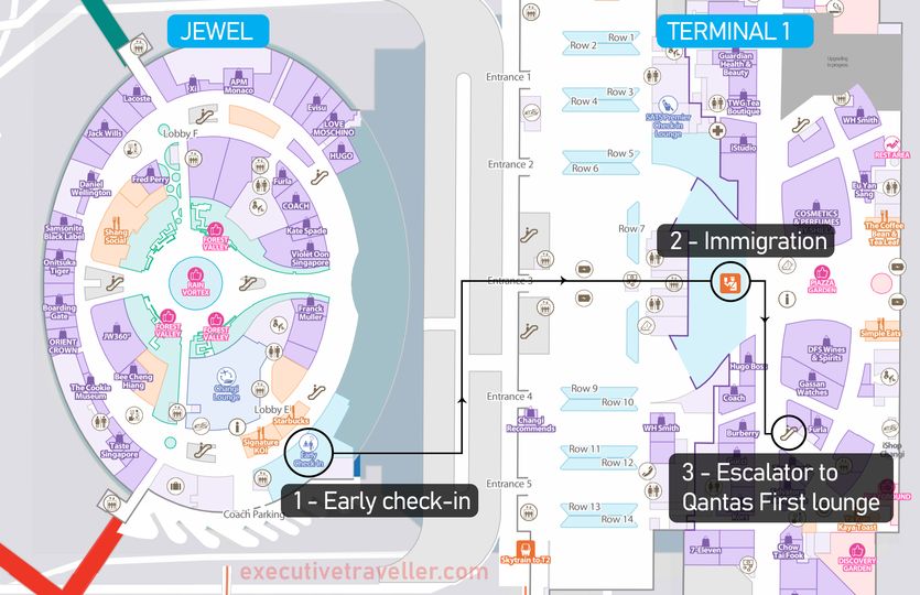 Check-in at Jewel (1), proceed to Terminal 1 immigration (2), turn right for the escalator to the Qantas First lounge (3).. Maps from Singapore Changi Airport. Infographic adapted by Executive Traveller.