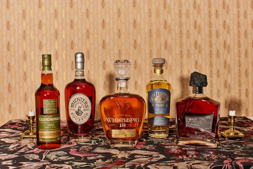 From left - GlenDronach 25-year-old scotch, Michter’s 20-year-old bourbon, WhistlePig 18-year-old rye, El Tesoro 5-year-old tequila, Flor de Caña 30-year-old rum.
