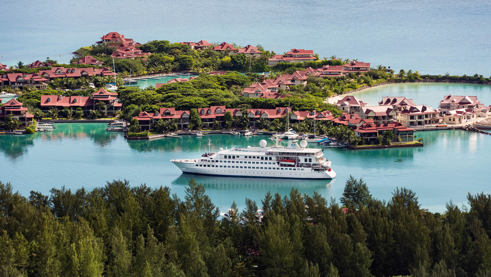 The 62-passenger Crystal Esprit superyacht at the Seychelles.