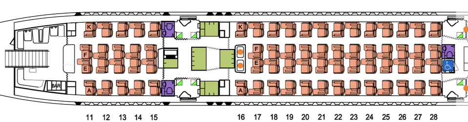 The upper deck business class cabin of Qantas' refurbished Airbus A380.