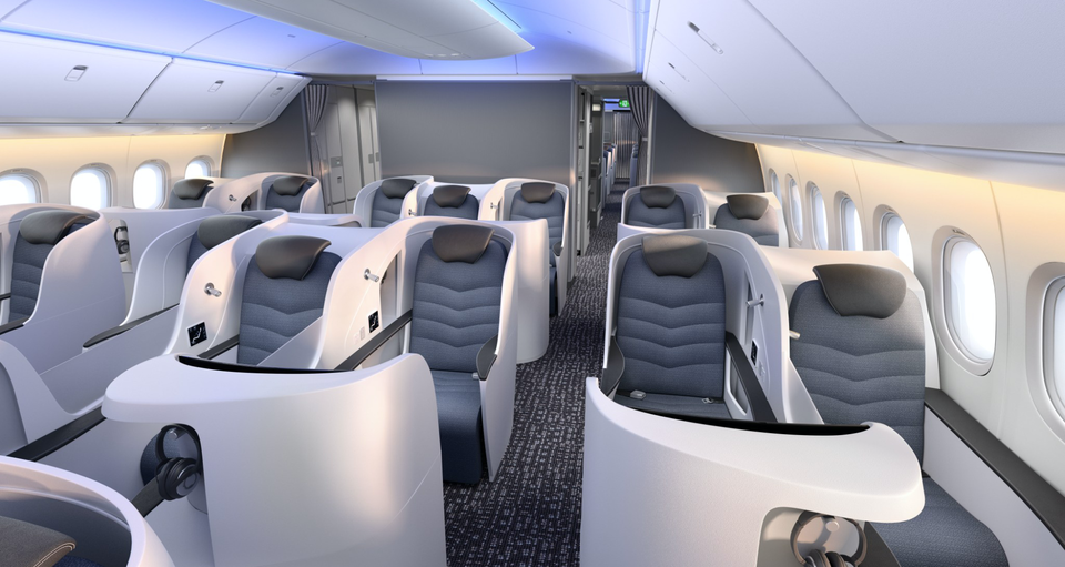 This Boeing business class seat concepts for the 777X offers 2-3-2 seating, all with direct aisle access.