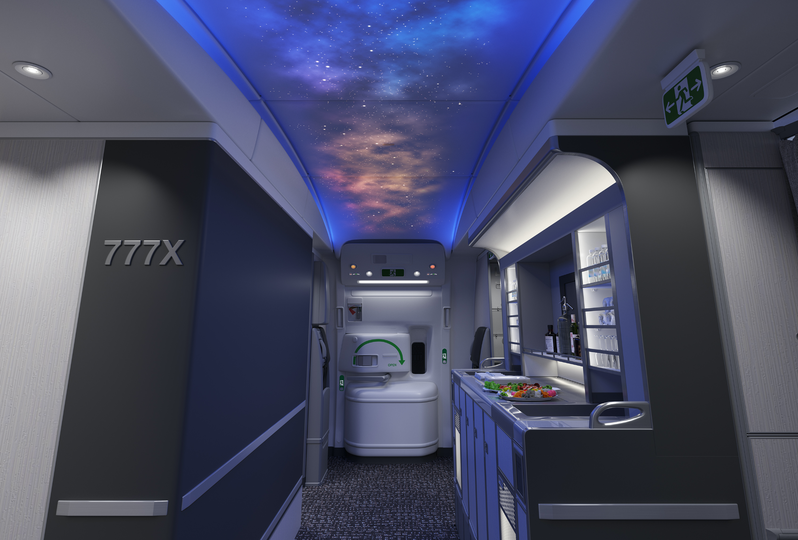The Boeing 777X's entry can be styled up with an overhead 'night sky' lightshow.