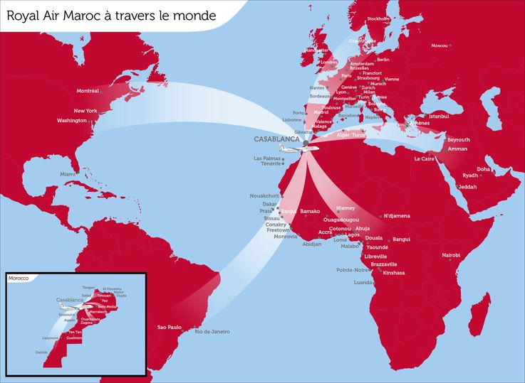 Royal Air Maroc's routes as of 2019.. Maps from Royal Air Maroc. Adapted by Executive Traveller.