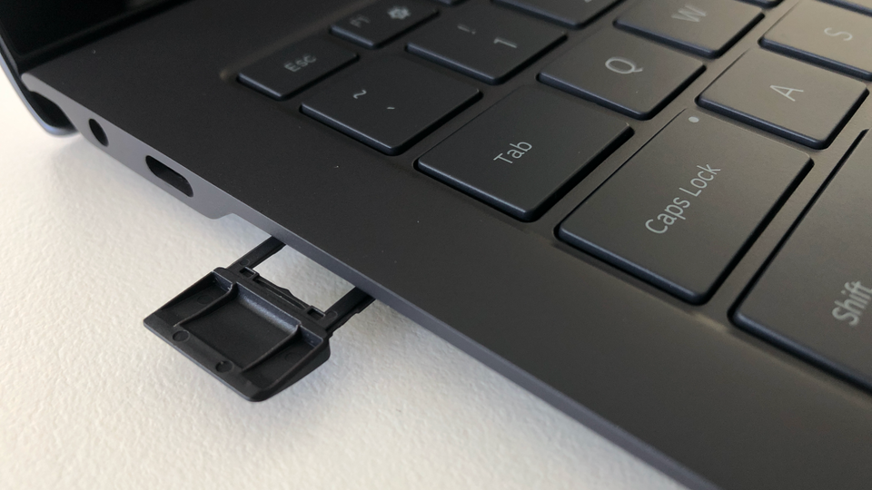 The underside of the Galaxy Book S houses a tray for a 4G nanoSIM plus a microSD memory card.